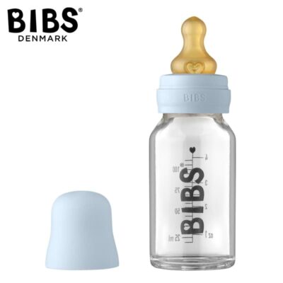BIBS BABY GLASS BOTTLE BABY BLUE Antykolkowa Szklana Butelka dla Noworodków 110 ml