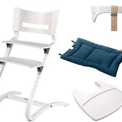 LEANDER - krzesełko do karmienia CLASSIC™, białe + barierka, tacka, poduszka Dark Blue - ZESTAW