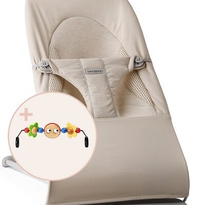 BABYBJORN - leżaczek BALANCE SOFT WOVEN/JERSEY Tri Fabric, Jasny Beż + zabawka do leżaczka - Googly Eyes