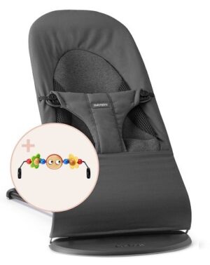 BABYBJORN - leżaczek dla niemowląt BALANCE SOFT WOVEN/JERSEY Tri Fabric, Ciemny Szary + zabawka do leżaczka - Googly Eyes
