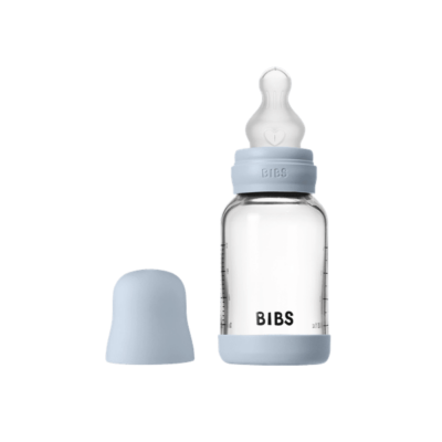 BIBS BUTELKA SZKLANA ze smoczkiem antykolkowym z silikonu medycznego, pojemność 120 ml, BABY BLUE